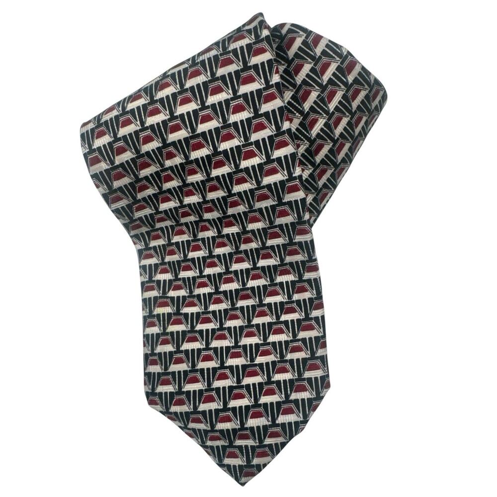 Hickey Freeman Men's Black‎ Red Cream Silk Neck Tie $195 Finest Italian Silk